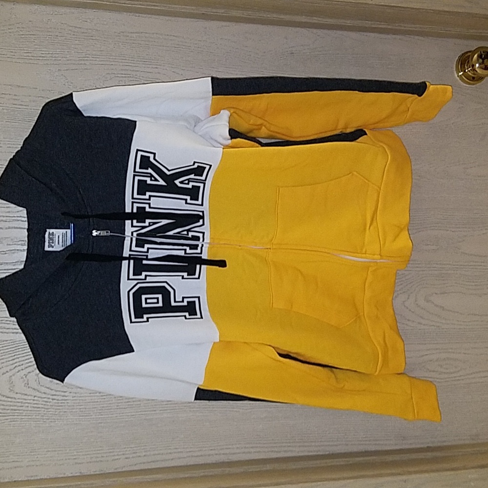 PINK- zip up hoodie sz.lrg dark grey,white gold (never been worn)